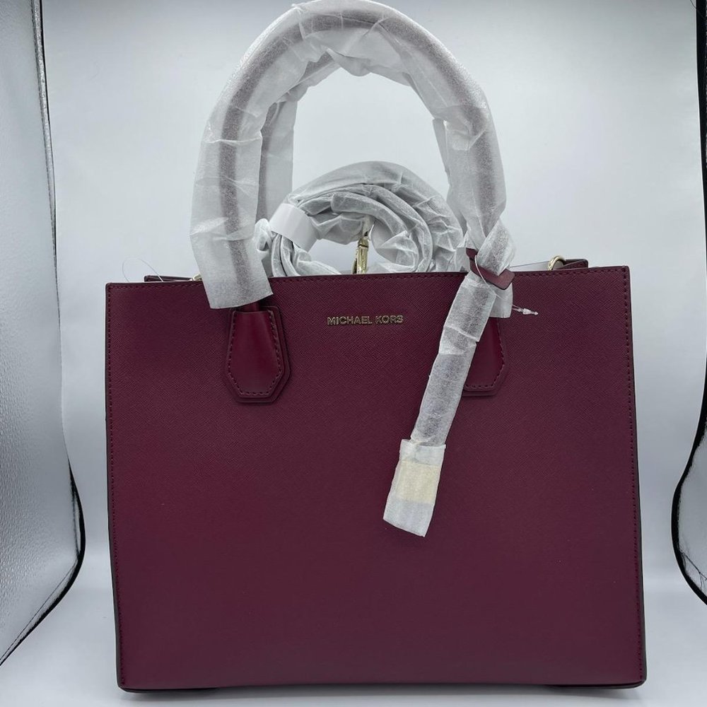 Michael Kors Mercer Dark Berry Large Saffiano Leather Tote Bag - Picture 2 of 9